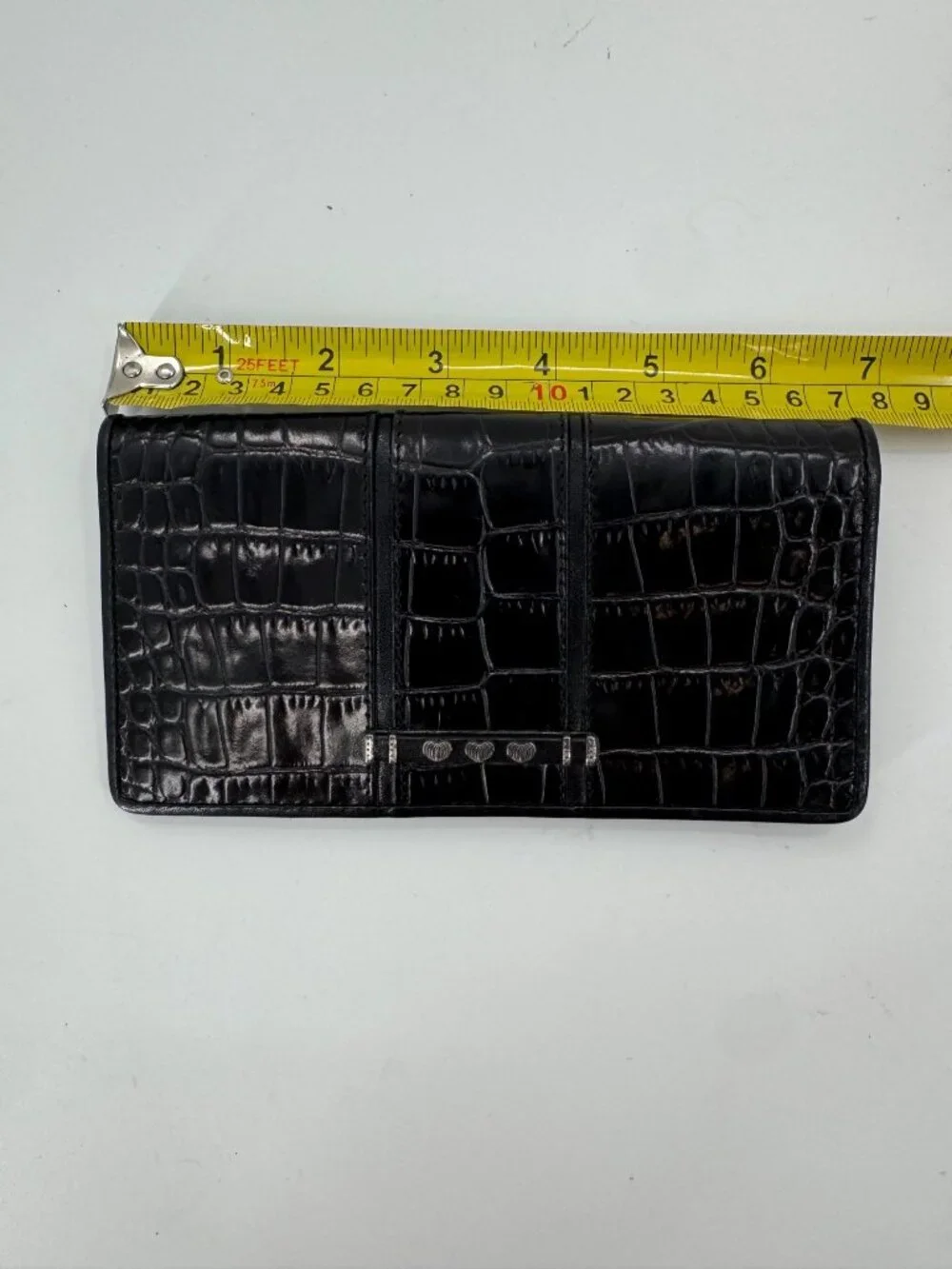 Brighton Black Crocodile Embossed Leather Checkbook Wallet Heart Silver Bar